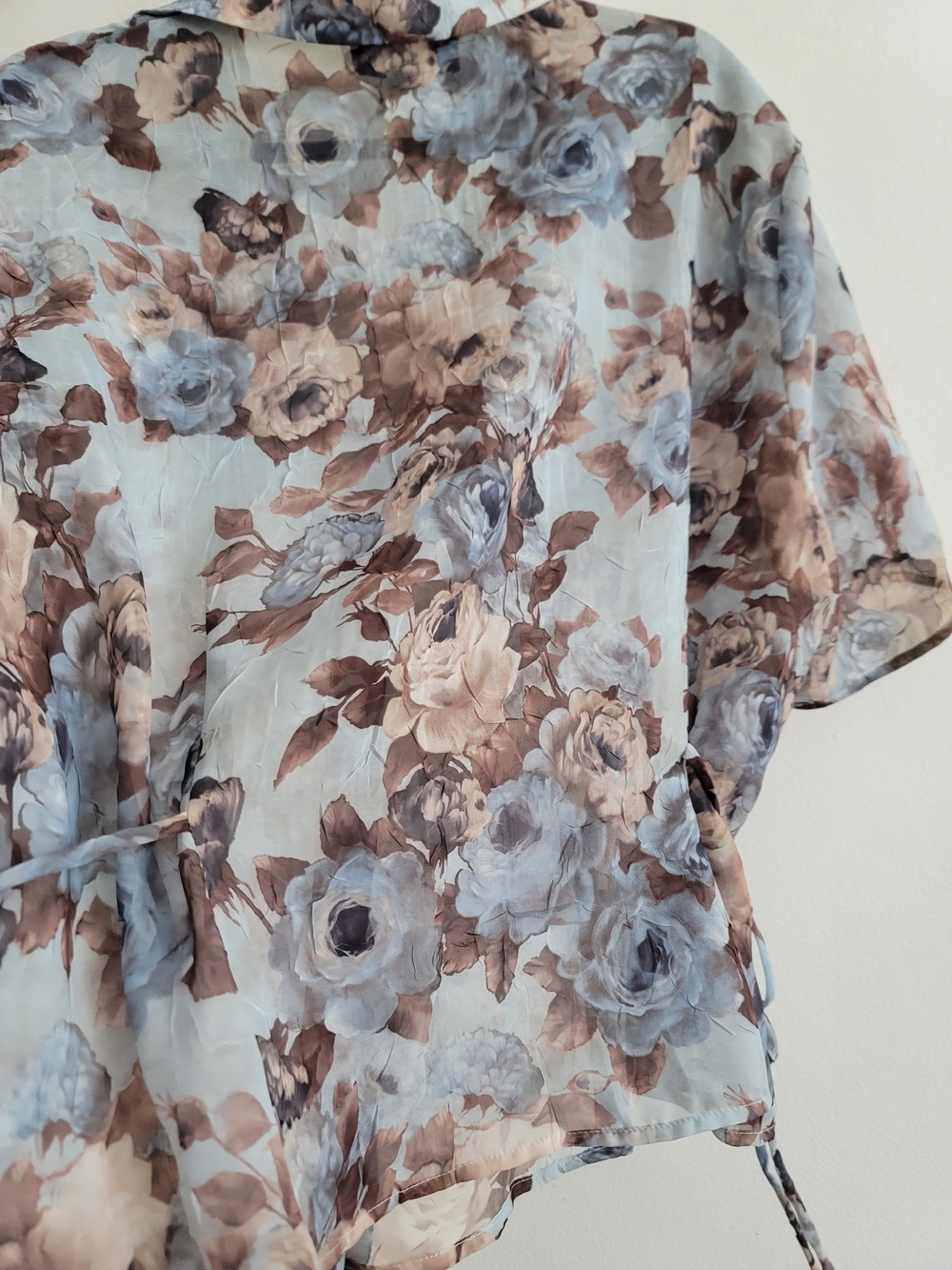 VTG Connected Woman 22W 90s Floral Button Front Blouse Blue Brown Crinkle Tie - Picture 8 of 9
